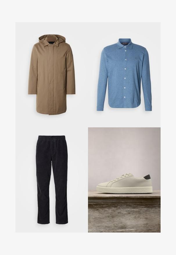 Langer Kapuzenmantel in einem gedämpften Braunton. Hergestellt aus glattem Stoff mit seitlichen Taschen und einem geraden Schnitt. Minimalistischer Stil, keine sichtbaren Muster.; Langärmeliges blaues Polohemd aus strukturiertem Stoff, mit durchgehender Knopfleiste und kleinem Logo auf der Brust.; Schwarze Cordhosen mit einem schmalen Bein-Design, elastischem Bund und subtiler vertikaler Rippstruktur. Keine sichtbaren Metallteile.; Weißer Sneaker mit strukturierter Sohle und schwarzem Absatzdetail, schwebend über einer Holzbank mit hohem grünem Gras im Hintergrund.