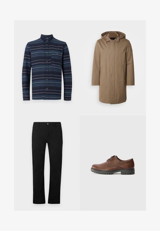 Langer Kapuzenmantel in einem gedämpften Braunton. Hergestellt aus glattem Stoff mit seitlichen Taschen und einem geraden Schnitt. Minimalistischer Stil, keine sichtbaren Muster.; Langärmliges Hemd mit Knopfleiste in Navy mit unterschiedlichen blauen horizontalen Streifen, einem Kragen und einer Brusttasche. Weicher Stoff.; Schwarze gerade geschnittene Hose mit Knopf- und Reißverschluss, Gürtelschlaufen und Seitentaschen, auf einem weißen Hintergrund präsentiert.; Braunes Lederschuh-Oxford mit glatter Textur, abgerundeter Zehe und schwarzer Gummisohle mit Profilmuster. Schnürsenkel vorne angebracht.