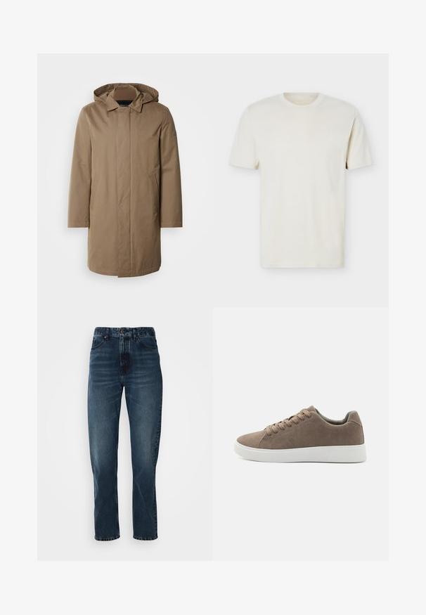Abrigo largo con capucha en color marrón apagado. Hecho de tela suave con bolsillos laterales y diseño de corte recto. Estilo minimalista, sin patrones visibles.; Camiseta lisa de algodón color blanco hueso, cuello redondo y manga corta, con un logo sutil en el pecho izquierdo, presentada sobre un fondo blanco plano.; Jeans de pierna recta azul oscuro con cierre frontal de botón y cremallera, diseño de cinco bolsillos y un ligero desgaste en los muslos y las rodillas.; Zapatillas de ante marrón con suelas de goma blanca planas, diseño de cordones, punta redondeada y una textura suave. Estilo minimalista con sutiles detalles de costura.