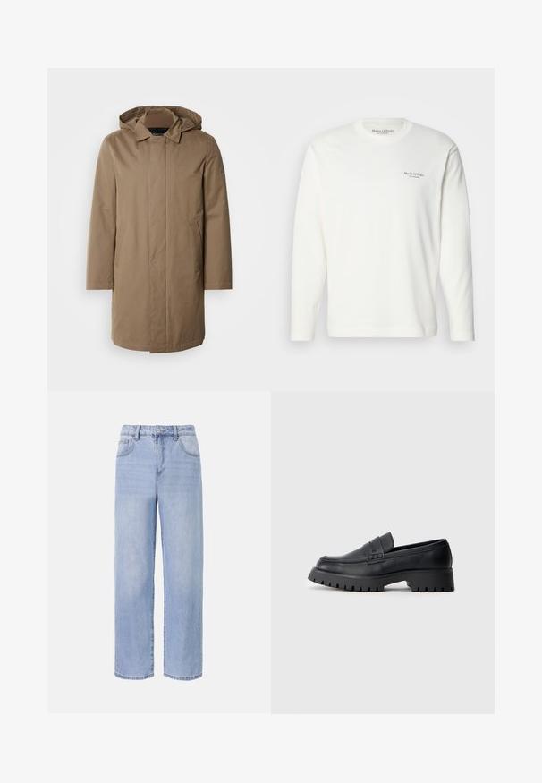 Dlhý plášť s kapucňou v tlmenej hnedej farbe. Vyrobený z hladkej látky s bočnými vreckami a dizajnom s rovým strihom. Minimalistický štýl, bez viditeľných vzorov.; Biele bavlnené tričko s dlhým rukávom a okrúhlym výstrihom, s malým námorníckym logom na hrudi. Hladká textúra a pravidelný strih.; Svetlo modré džínsy s uvoľneným širokým strihom. Vlastnosti zahŕňajú päť vreciek, predné zapínanie na gombík a jemné vyblednutie.; Čierne kožené mokasíny s okrúhlou špičkou, ktoré majú dekoračný pásik a masívnu gumovú podrážku s hlbokým dezénom pre lepšiu trakciu.