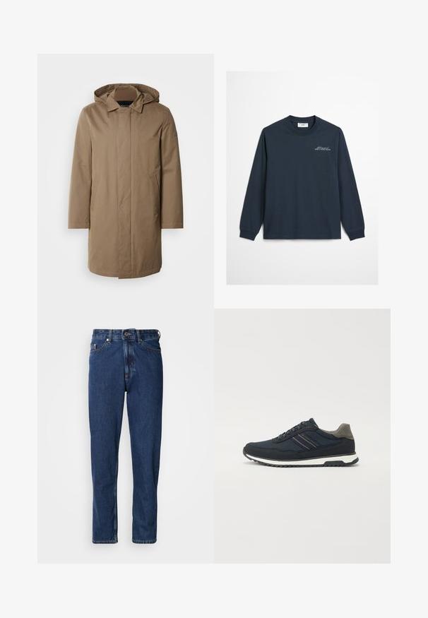 Abrigo largo con capucha en color marrón apagado. Hecho de tela suave con bolsillos laterales y diseño de corte recto. Estilo minimalista, sin patrones visibles.; Camiseta de manga larga azul marino hecha de algodón suave con cuello redondo. Presenta un texto de logo bordado en el pecho y puños acanalados.; Jeans de mezclilla de color azul oscuro, con diseño de pierna recta, estilo de cinco bolsillos y costuras visibles a lo largo de las costuras.; Zapatillas de deporte de malla y ante en azul marino con acento en el talón gris; cuenta con una entresuela blanca y una suela negra texturizada; detalles de franjas minimalistas.