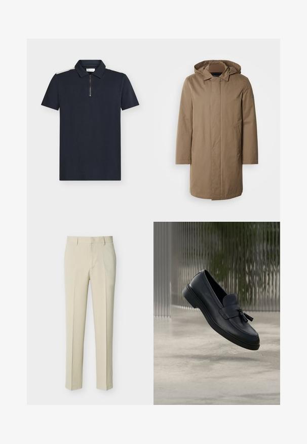 Lang hætteklædt frakke i en afdæmpet brun farve. Fremstillet af glat stof med sidelommer og et lige snit. Minimalistisk stil, ingen synlige mønstre.; Marineblå polo med korte ærmer, struktureret stof, lynlåsdetalje ved kraven og kontrasterende hvide accenter på skuldrene.; Beige skræddersyede bukser med lige ben, bæltestropper og lynlås foran, vist på en enkel lys baggrund.; Sorte læderloafers med en glat tekstur, en rundet tå og dekorative kvaster foran. Fleksibel gummisål med lav hæl.