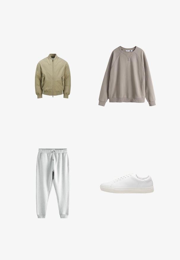 Veste bomber beige en tissu lisse, dotée d'une fermeture à glissière sur le devant, de deux poches latérales, de poignets côtelés et d'un col rond.; Sweat beige col rond, manches longues, poignets et ourlet en bord-côte, avec des détails discrets de coutures aux épaules et à la poitrine.; Pantalon de survêtement gris avec une taille élastique à cordon, deux poches latérales et des chevilles ajustées, fabriqué à partir d'un tissu doux et texturé.; Baskets en cuir blanc avec une texture lisse, bout rond, fermeture à lacets et semelle en caoutchouc plate. Design minimaliste sans motifs visibles.