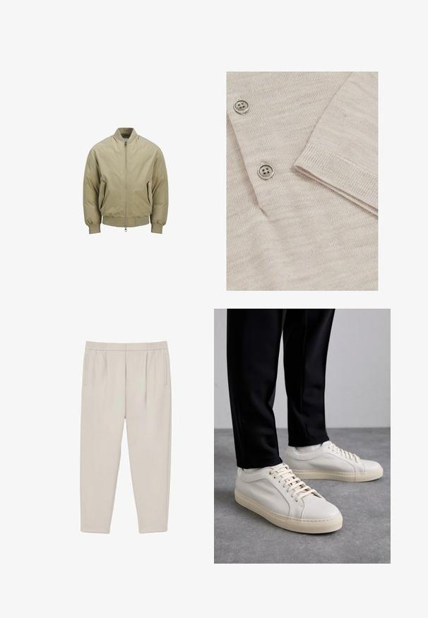 Veste bomber beige en tissu lisse, dotée d'une fermeture à glissière sur le devant, de deux poches latérales, de poignets côtelés et d'un col rond.; Cardigan beige clair avec une texture en tricot fin. Il présente trois boutons métalliques et des poignets côtelés pour une finition structurée.; Pantalon beige clair légèrement cintré avec plis à la taille, poches latérales et ceinture élastique, présenté à plat sur fond blanc.; Baskets en cuir beige clair avec des lacets plats, une surface texturée et une semelle en caoutchouc crème contrastante, associées à un pantalon noir fuselé.