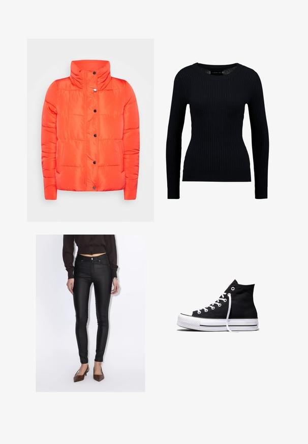ONLY ONLCOOL - Vinterjakker - orange; Sort ribbet langærmet sweater med rund halsudskæring og tætsiddende silhuet. Teksturen er glat med en subtil strækbarhed.; Kvinde iført sorte høj-taljede skinny bukser, en kropsnær mørkebrun knapbluse og brune spidse hæle.; Sort high-top canvas sneaker med hvid gummisål og hvide snørebånd, vist fra siden mod en hvid baggrund.