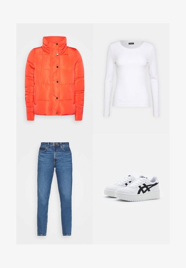 ONLY ONLCOOL - Winterjacke - orange; Weißes geripptes Langarmoberteil mit Rundhalsausschnitt. Aus einem dehnbaren Stoff gefertigt, der den Körper umschmeichelt. Verfügt über dezente horizontale Streifen.; Blaue Denim-Jeans mit schmalem Schnitt, hoher Taille, fünf Taschen und dezentem Verblassen im gesamten Stoff. Klassische Nähte setzen Akzente.; Weiße Sneaker mit einer strukturierten Oberfläche, schwarzen Seitenstreifen und einer dicken weißen Sohle. Verfügt über ein Schnürdesign und ein Logo auf der Zunge.