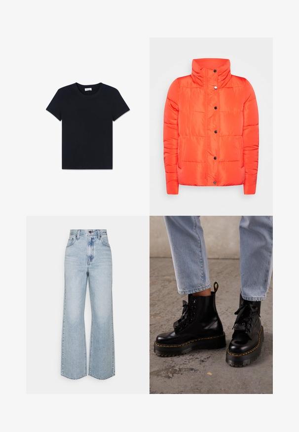 ONLY ONLCOOL - Talvitakki - orange; Yksinkertainen musta lyhythihainen T-paita, pyöreällä kaula-aukolla, aseteltuna tasaisesti valkoiselle taustalle.; Vaaleansinisiä farkkuja, joissa on leveät lahkeet ja korkea vyötärö. Klassinen viisi taskua -design ja kontrastivärinen ommel. Raaka helma alareunassa.; Henkilö pukeutunut vaaleansinisiiin farkkuihin ja mustiin nahkaisiin nyörillisiin korollisiin saappaisiin, joissa keltaiset ompeleet betonilattialla.
