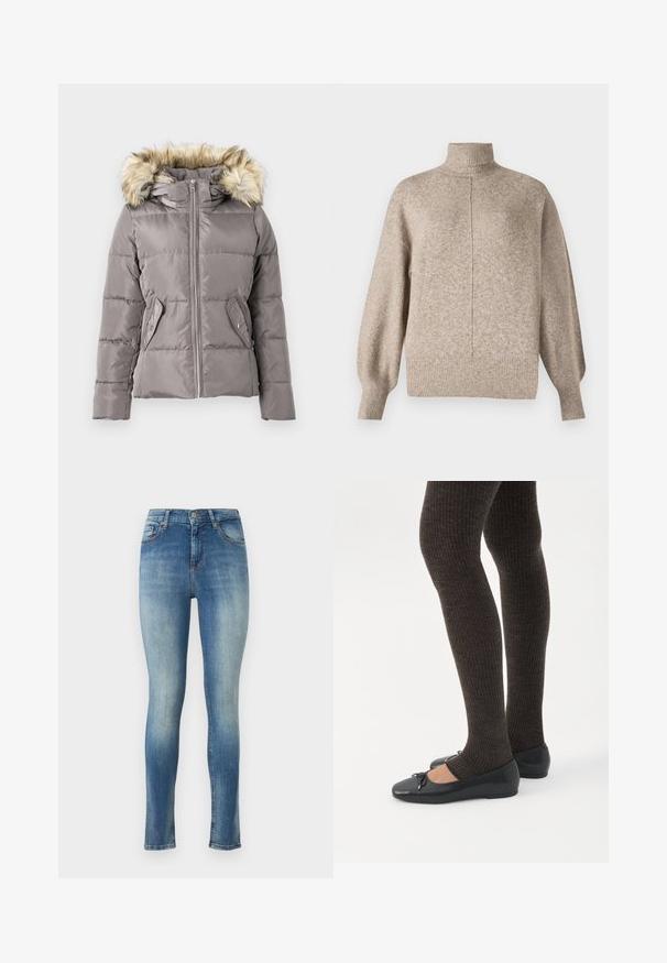 Sivá zateplená zimná bunda s predným zipsom, dvomi vreckami na cvoky a kapucňou lemovanou svetlohnedým umelým kožúškom.; Vero Moda VMDOFFY - Svetrík - sepia tint; Chudé džíny vo svetlom modrom denime. Majú stredne vysoký pás, päť vreciek a jemné vyblednutie na prednej a zadnej strane pre opotrebovaný vzhľad.; Nohy v tmavých pásikavých legínach v kombinácii s čiernymi balerínkami s malými mašličkami na bielom pozadí.