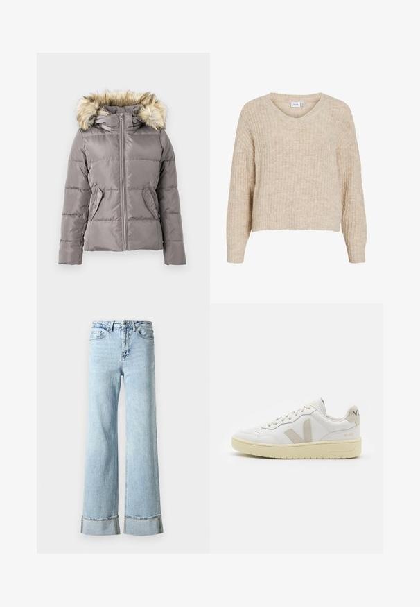Grå polstret vinterjakke med frontlynlås, to snapknap-lommer og hætte med lysebrunt pelsfutter.; Beige strikket sweater med V-hals og lange ærmer. Har et tekstureret mønster og en cropped pasform. Lavet af blødt, varmt materiale.; Lysblå denim jeans med brede ben, frynset kant og dekorative rhinsten detaljer ved manchetterne. Standard fem-lomme design.; Hvide lærreds sneakers med beige ruskindsdetaljer, perforeret tåboks, flade snørebånd og en struktureret cremefarvet sål. Har diskret branding på hælen.