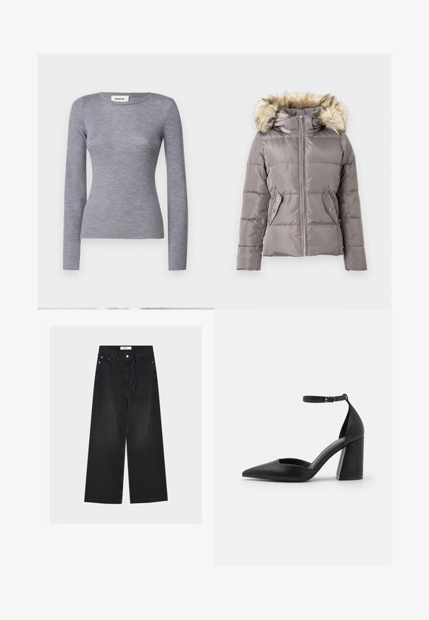 Veste d'hiver grise matelassée avec fermeture éclair à l'avant, deux poches à bouton-pression et capuche bordée de fausse fourrure brun clair.; Tops à manches longues gris côtelé avec un col rond et une silhouette ajustée. Le tissu a une texture lisse et un léger éclat.; Jean noir à jambes larges, taille haute, passants pour ceinture, fermeture devant par bouton et zip, et ceinture en tissu nouée à la taille.; Chaussure à talon haut noire en cuir lisse, présentant un bout pointu, des côtés découpés et une sangle de cheville ajustable avec un talon bloc.