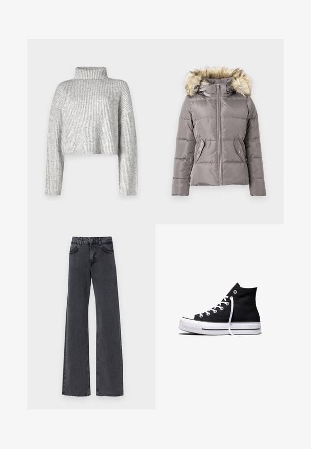 Veste d'hiver grise matelassée avec fermeture éclair à l'avant, deux poches à bouton-pression et capuche bordée de fausse fourrure brun clair.; Pull gris court en tissu côtelé, doté d'un col haut et de manches longues, avec une texture douce et une légère variation de couleur.; Jean flare en denim noir avec taille haute, présentant deux poches avant et des détails de couture subtils le long des coutures.; Baskets montantes en toile noire avec semelle en caoutchouc blanche et lacets blancs, vues de côté sur un fond blanc.