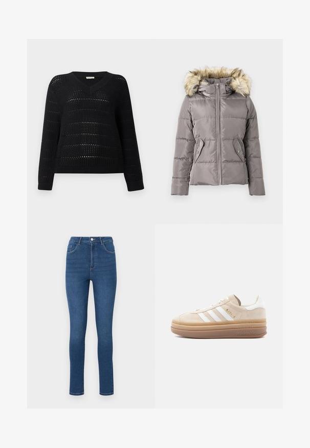 Harmaa pehmustettu talvitakki, jossa on edessä vetoketju, kaksi napilla varustettua taskua ja huppu, jonka reuna on vaaleanruskeaa tekoturkista.; TOM TAILOR DENIM V NECK - Neule - deep black; Kapeita farkut tummansinisestä denimistä, joissa on korkea vyötärö, viisi taskua ja hienovaraisia ompeluyksityiskohtia. Kangas näyttää sileältä ja hieman joustavalta.; Beigenvärinen mokkanahkainen tennari, jossa valkoiset nahkakoristeet, kolme valkoista raitaa, kultainen logo ja paksu, läpikuultava kumipohja.
