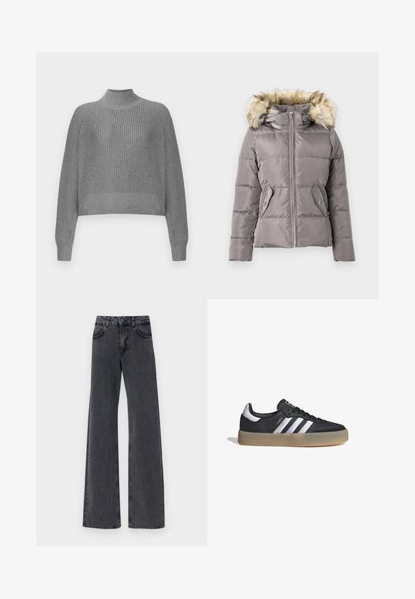 Chaqueta de invierno gris acolchada con cremallera frontal, dos bolsillos con botón a presión y capucha con borde de piel sintética marrón claro.; Suéter gris de canalé con un cuello alto, hombros caídos y mangas largas. Presenta un tejido texturizado y un dobladillo corto.; Jeans acampanados de mezclilla negra con cintura alta, que cuentan con dos bolsillos frontales y sutiles detalles de costura a lo largo de las costuras.; Zapatilla deportiva de cuero negro con tres rayas plateadas, punta texturizada y suela de goma. Cuenta con un collar acolchado y un diseño con cordones.