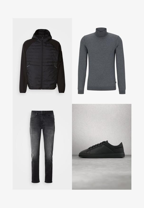 Schwarze Jacke mit Kapuze, die auf der Vorderseite ein gestepptes Design, glatte Ärmel und Reißverschlusstaschen aufweist. Strukturierter Stoff mit einer taillierten Silhouette.; Grauer Rollkragenpullover aus weichem Strickstoff. Verfügt über lange Ärmel, einen gerippten Kragen und eine normale Passform mit glatter Textur.; Schwarze Jeans aus Denim mit geradem Bein. Verfügt über einen Knopf- und Reißverschluss, fünf Taschen und dezente Ausbleichungen im Stoff.; Schwarzer flacher Ledersneaker mit Schnürsenkeln und "BOSS"-Logo, schwebend über einem glatten Betonboden in der Nähe von Glasbausteinen.
