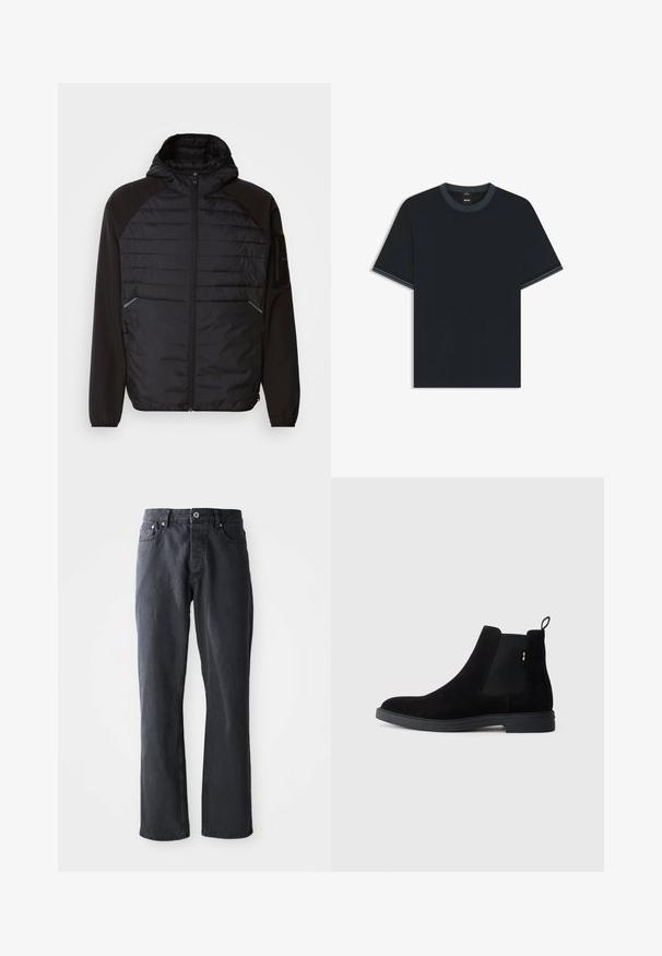 Zwarte jacket met capuchon, voorzien van een gewatteerd ontwerp aan de voorkant, gladde mouwen en ritszakken. Getextureerde stof met een getailleerde silhoët.; Zwart slim fit T-shirt met korte mouwen, geribde ronde hals en mouwboorden met subtiele gestreepte details en een BOSS-label aan de binnenkant van de kraag.; Donkergrijze denim jeans met een recht model, vijf zakken, sluiting met knoop en ritssluiting aan de voorkant, en contrasterende stikdetails.; Zwarte suède Chelsea laarzen met elastische zijpanelen, ronde neus en een lage rubberen zool. Beschikt over een trekband aan de achterkant voor eenvoudig aan- en uittrekken.