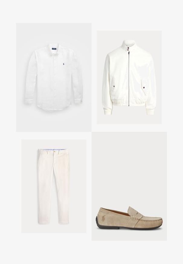 Witte bomberjas met ritssluiting, geribde boorden en zoom, twee zakken met klep met knopen en een hoge kraag met twee donkere knopen.; Witte lange mouwen shirt van katoen met een button-down kraag, voorzien van een klein marineblauw logo op de linkerborst en klassieke knoopsluiting.; Slim-fit herensbroek in off-white met voorzakken, riemlussen en een knoopsluiting op een effen achtergrond.; Beige suède instappers met een gestikt detail, platte rubberen zool en een klein logo aan de zijkant. Klassiek instapontwerp, zachte textuur.
