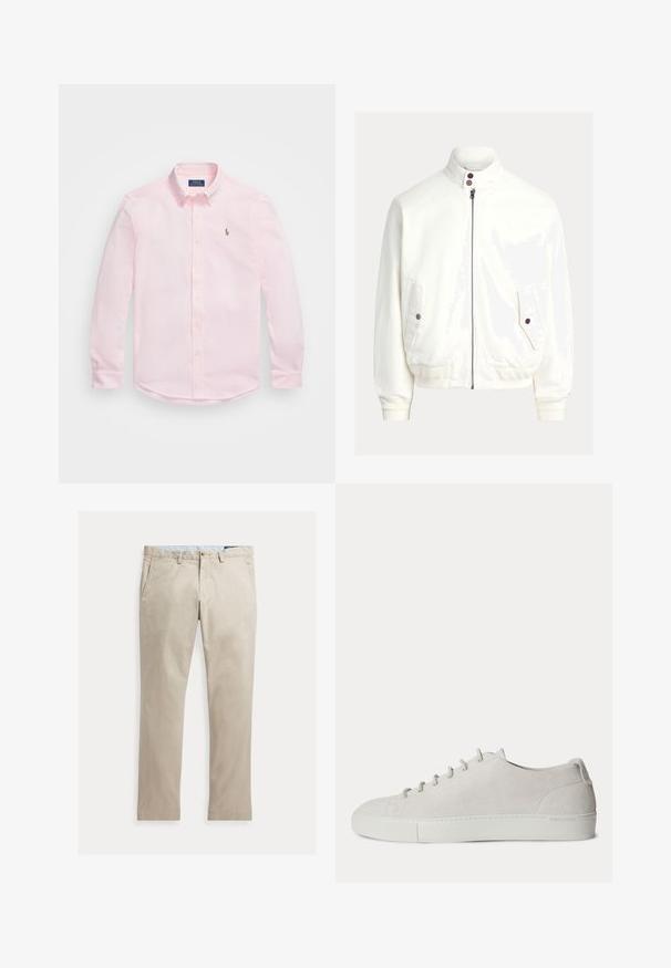 Biela bomber bunda na zips s rebrovanými manžetami a lemom, dvoma vreckami so zapínaním na gombíky a vysokým golierom s dvomi tmavými gombíkmi.; Polo Ralph Lauren KNIT OXFORD SHIRT - Košeľa - carmel pink; Béžové rovné bavlnené nohavice s prednými vreckami, pútkami na opasok, zapínaním na gombík a zipsom, zobrazené položené na bielom pozadí.; Biely nízky semišový teniska so šnurovaním vpredu a gumovou podrážkou, minimalistický dizajn.