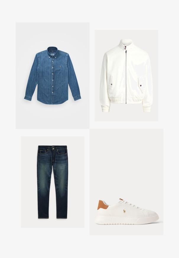 Weiße Bomberjacke mit Reißverschluss, gerippten Bündchen und Saum, zwei Taschen mit Knopfleisten und einem hohen Kragen mit zwei dunklen Knöpfen.; Denimhemd mit langen Ärmeln, Button-Down-Kragen und einem dezenten vertikalen Streifenmuster in einem mittelblauen Farbton mit einem Logo-Akzent.; Dunkelblaue Slim-Fit-Jeans mit verblassten Details, Fünf-Taschen-Design und Knopfverschluss, flach auf weißem Hintergrund ausgelegt.; Weißer Sneaker mit niedrigem Schaft, beige Fersenlasche, weißen Schnürsenkeln und kleinem, besticktem Polospieler-Logo an der Seite über einer dicken Sohle.