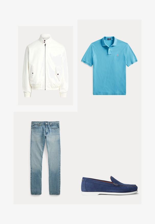 Veste bomber blanche zippée avec poignets et ourlet côtelés, deux poches à rabat boutonné, et un col montant avec deux boutons foncés.; Polo à manches courtes bleu clair avec deux boutons et petit logo brodé rose sur le côté gauche de la poitrine.; Jean denim bleu clair à coupe droite, cinq poches, fermeture par bouton et détails subtilement délavés autour des cuisses et des genoux.; Mocassin en daim bleu avec semelle blanche et surpiqûres beiges le long du bord supérieur, présenté sur un fond blanc uni.