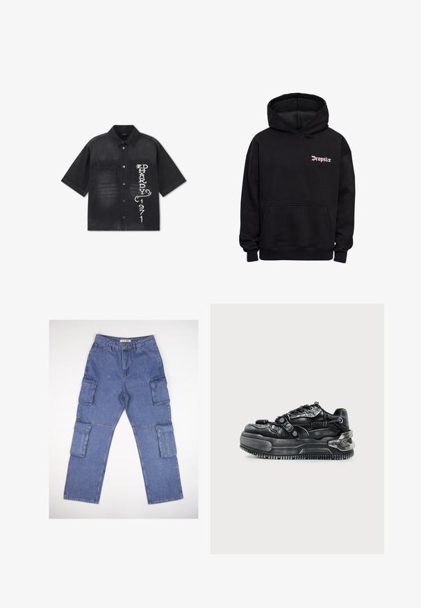 Schwarzes kurzärmliges Hemd mit Knöpfen und zwei Brusttaschen, auf der rechten Tasche mit weißem, vertikalem Text "ED HARDY 1971".; Schwarzer Kapuzenpullover mit Fronttasche und pinkem, gotischem "Dropsize"-Schriftzug auf der oberen Brust; Blaue Denim-Cargo-Hosen mit mehreren Seitentaschen, einem geraden Beindesign und einem klassischen Bund. Der Stoff hat eine leicht strukturierte Textur und ist leicht ausgebleicht.; Schwarzer klobiger Sneaker mit dicker Sohle, Schnürdesign, strukturierten Riemen und Metallakzenten an Ferse und Seiten vor hellem Hintergrund.