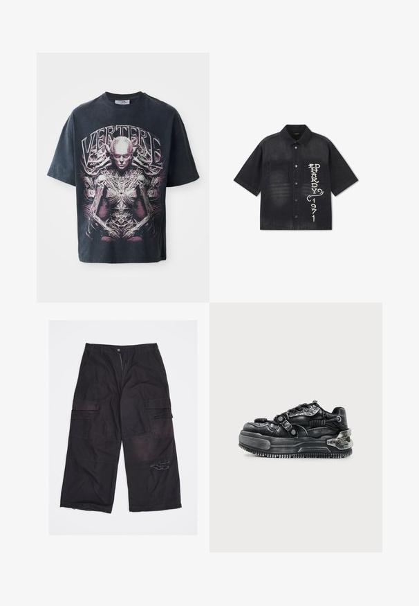 Zwart knoopshirt met korte mouwen en twee borstzakken, met witte verticale tekst "ED HARDY 1971" op de rechterzak.; Zwarte graphic t-shirt van katoen, met een groot roze en wit ontwerp van een humanoïde figuur met complexe details en de tekst "VERTERE."; Zwarte wijde cargobroek met meerdere zakken en een versleten scheur op de rechterdij, plat gelegd op een witte achtergrond.; Zwarte chunky sneaker met dikke zool, vetersluiting, gestructureerde bandjes en metalen details op hiel en zijkanten tegen een lichte achtergrond.