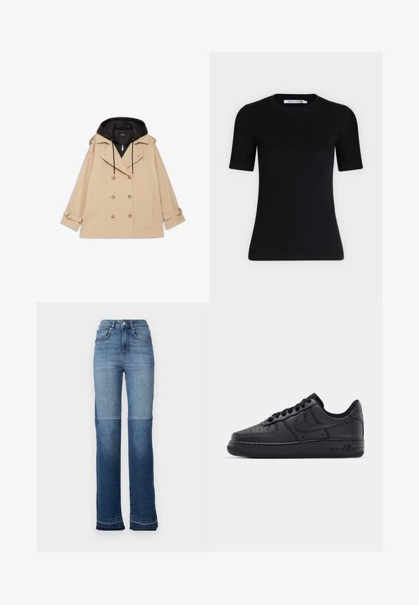 Beige trenchcoat met een zwarte capuchon, dubbel gebuttonneerd ontwerp, drukknoopjes, zijzakken en verstelbare manchetten. Glad textuur van de stof.; Zwart nauwsluitend T-shirt met korte mouwen, een ronde hals en een label aan de binnenkant van de kraag tegen een effen lichte achtergrond.; Hoge taille denim jeans met een verloop van licht naar donkerblauw, een rechte pijp en rafelige zoom aan de manchetten.; Zwarte leren sneakers met geperforeerde neus, platte veters en rubberen zool. Voorzien van een klein logo aan de zijkant en gestructureerde details.