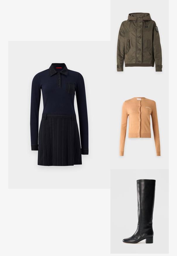 Oliivinvihreä hupullinen takki, jossa napillinen suljenta, kaksi etutaskua läpällä, säädettävät hihansuut ja vasemmassa hihaosassa kiinnitetty merkki.; Kaftan värvitud kardigan, nööpide kujundus, pikad varrukad, soonilised mansetid ja äär, pehme tekstuur, rinnas on tikitud "2ND DAY".; Navy polo-mekko, jossa on pitkät hihat, ribbattu pinta, nappikiinnitys ja rintatasku; hameessa on pystysuuntaiset raidat ja laskoksia.; Musta nahkainen polvenmittainen saapas, jossa on neliönmuotoinen kärki ja korkea, leveä korko. Saappaassa on sileä pinta ja minimalistinen muotoilu ilman näkyviä varusteita tai koristeita.