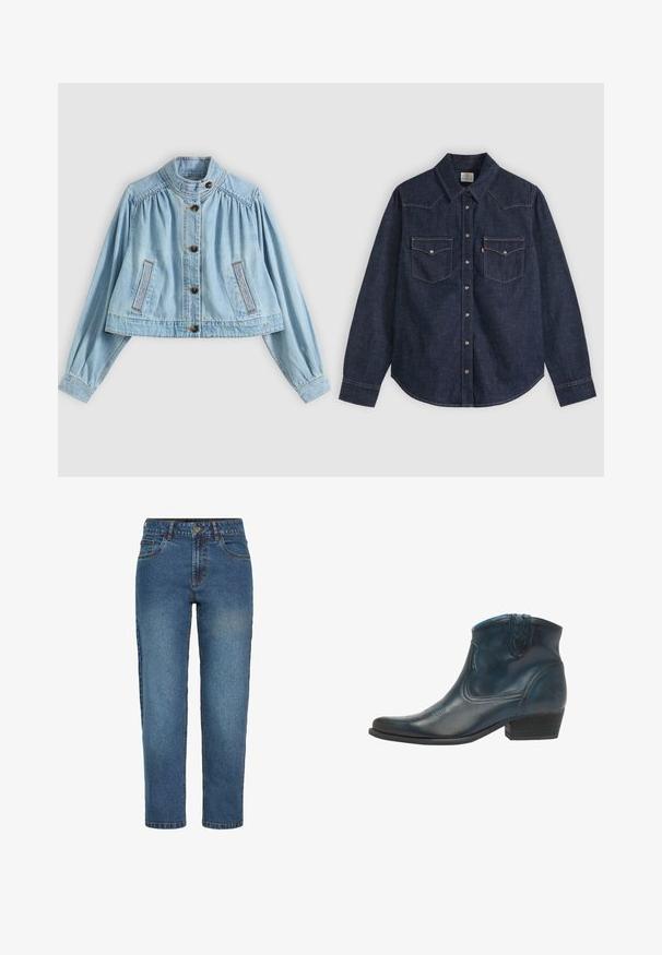 Lyseblå cropped denimjakke med lange ærmer, knaplukning foran, høj krave og to forkant-syede lommer.; Mørkeblå denim skjorte med lange ærmer, spids krave, frontlukning med trykknapper og to brystlommer med knapper samt kontrastsyning.; Blå højtaljede straight-leg denim jeans med frontknap og lynlås, to forlommer og bæltestropper.; Cowboy ankel støvler lavet af mørkeblåt læder, med spidse tæer, buede detaljer og en lav, stablet hæl med subtile syninger.