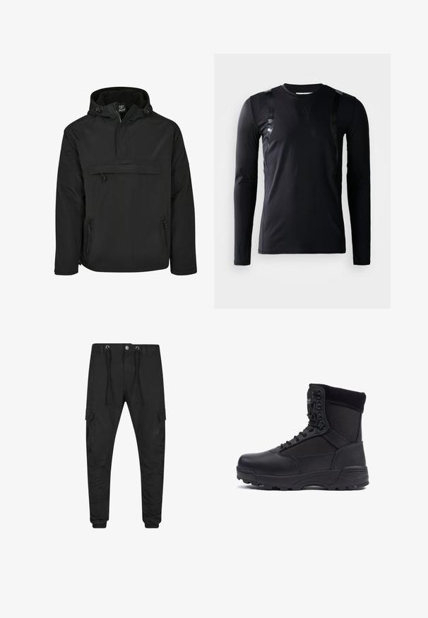 Chaqueta negra con cuello redondo hecha de una tela suave y ligera. Presenta un bolsillo frontal, bolsillos laterales con cremallera y una capucha ajustable.; Camisa deportiva de manga larga negra hecha de un tejido suave y elástico. Presenta detalles en negro brillante en los hombros y un logo de Adidas en el pecho.; Pantalones cargo negros entallados con puños elásticos, cierre frontal de botón y cremallera, cintura con cordón y bolsillos con solapa en cada muslo.; Bota táctica negra con parte superior de piel lisa y paneles de tela, diseño de tobillo alto, cierre con cordones y suela de goma resistente.