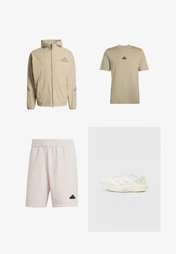 Chaqueta beige con capucha que presenta una cremallera frontal, dos grandes bolsillos y tres rayas diagonales en un tono ligeramente más oscuro en el pecho y las mangas.; Camiseta beige de manga corta con cuello redondo que presenta un pequeño logo negro de Adidas centrado en el pecho.; adidas Sportswear Z.N.E. PREMIUM - Pantalón corto de deporte - putty mauve; Zapatilla deportiva blanca con parte superior de malla, que presenta tres franjas blancas, una punta redondeada y una suela de color claro etiquetada como "LIGHTSTRIKE PRO".
