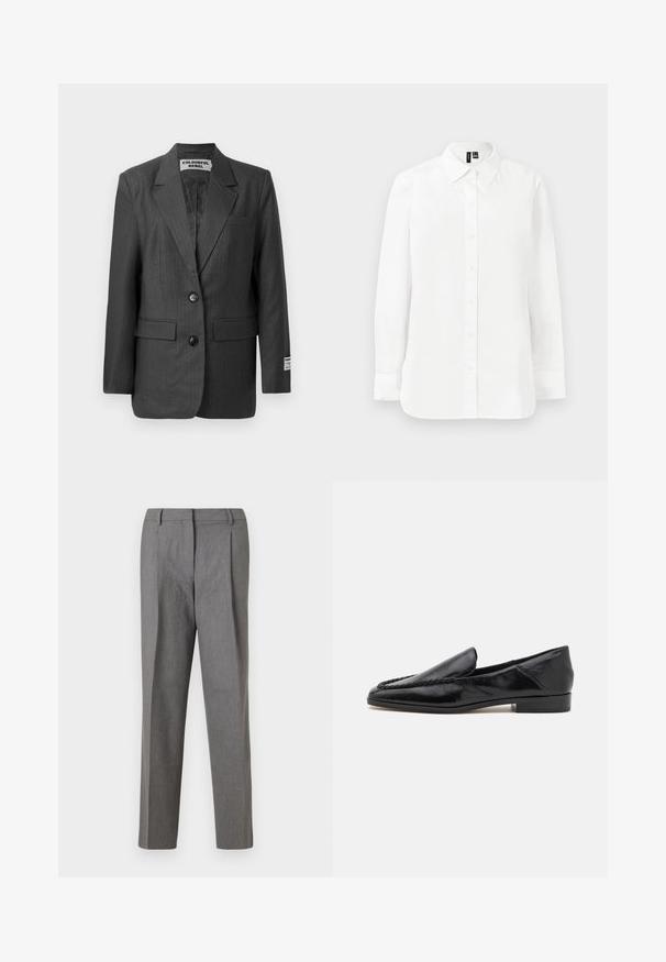 Blazer gris de rayas con dos botones, solapas con muesca, bolsillos frontales y una etiqueta en la manga. Tejido suave con un ajuste estructurado.; Camisa blanca de manga larga con botones, cuello puntiagudo, puños estándar y dobladillo recto sobre un fondo claro y liso.; Pantalones gris ajustados con una tela texturizada, que presentan un diseño de pierna recta, pliegues en la parte delantera y una cinturilla sin herrajes visibles.; Mocasines de cuero negro con un acabado suave, que presentan un diseño cosido a lo largo del borde frontal y un tacón bajo y cuadrado.