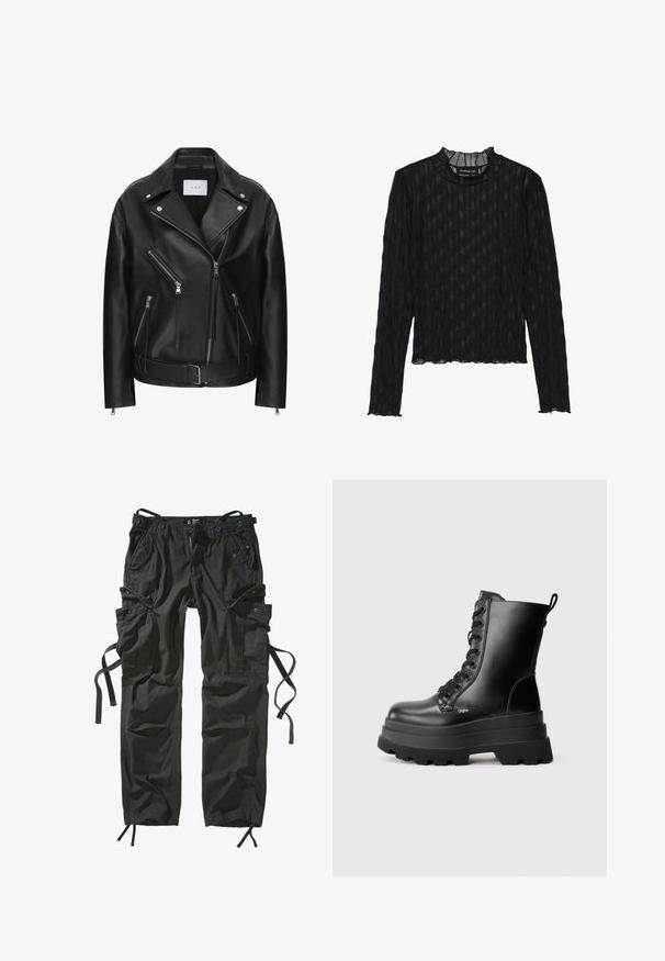 Sort læder bikerjakke med asymmetrisk lynlåsdesign, flere lynlåslommer, sølvhardware og belted talje. Glat tekstur.; Sort langærmet top med en gennemsigtig ribbet tekstur, der har en flæset mock neck og en cropped helm.; Sorte cargo-bukser lavet af letvægtsstof, med flere lommer, snore i siderne og en afslappet pasform med forstærkede syninger.; Sorte snørebånds ankelstøvler med en kraftig platformsål, glat læderoverflade og en hælrem. Har otte snørehuller og tekstureret sål.