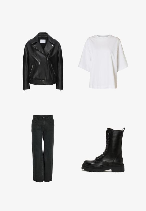 Zwarte leren motorjacket met asymmetrisch ritsontwerp, meerdere ritszakken, zilverkleurige hardware en een ceintuurlengte. Gladde textuur.; Loszittend wit T-shirt met korte mouwen, verlaagde schouders en een ronde hals op een effen achtergrond.; Zwarte wijde spijkerbroek van denim, met een klassiek vijf-pocket ontwerp en een ritssluiting met knoopsluiting. Soepele textuur.; Zwarte leren combatlaars met een hoge schacht, vetersluiting aan de voorkant, robuuste zool met een gegolfde rand en een trekband aan de achterkant.