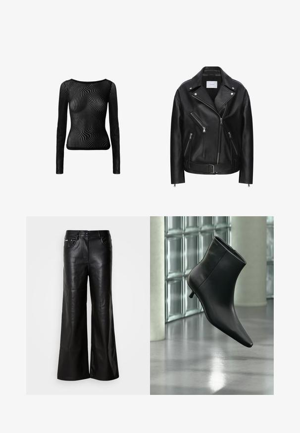 Zwarte leren motorjacket met asymmetrisch ritsontwerp, meerdere ritszakken, zilverkleurige hardware en een ceintuurlengte. Gladde textuur.; Zwarte langwerpige top van doorzichtig materiaal met een golvend patroon. Heeft een ronde halslijn en een getailleerde pasvorm.; Zwarte leren broek met een brede pijp en een zachte textuur, voorzien van een sluiting met een knoop aan de voorkant, twee zijzakken en minimale stikseldetails.; Zwarte leren enkellaars met spits toelopende neus en lage kittenhak, schuin weergegeven tegen een gepolijste vloer en een glazen blokken muur als achtergrond.