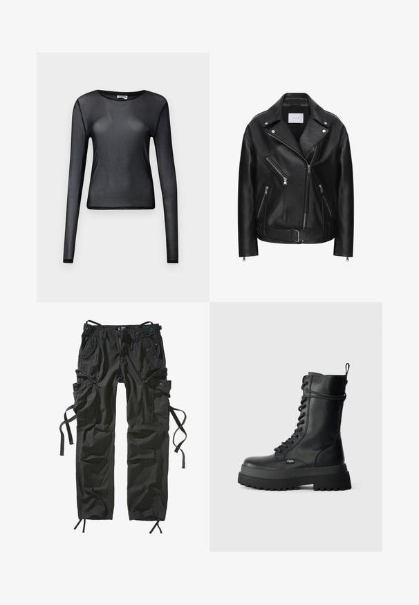Zwarte leren motorjacket met asymmetrisch ritsontwerp, meerdere ritszakken, zilverkleurige hardware en een ceintuurlengte. Gladde textuur.; Zwarte lange mouwen doorzichtige mesh top met ronde hals en aansluitende pasvorm, weergegeven op een effen achtergrond.; Zwarte cargobroek van lichtgewicht stof, met meerdere zakken, trekkoorden aan de zijkanten en een ontspannen pasvorm met versterkte stiksels.; Zwarte leren veterschoenen tot de enkel met een robuuste rubberen zool, een gestructureerde bovenkant en een trekband aan de zijkant. Bevat een logo-accent aan de zijkant.