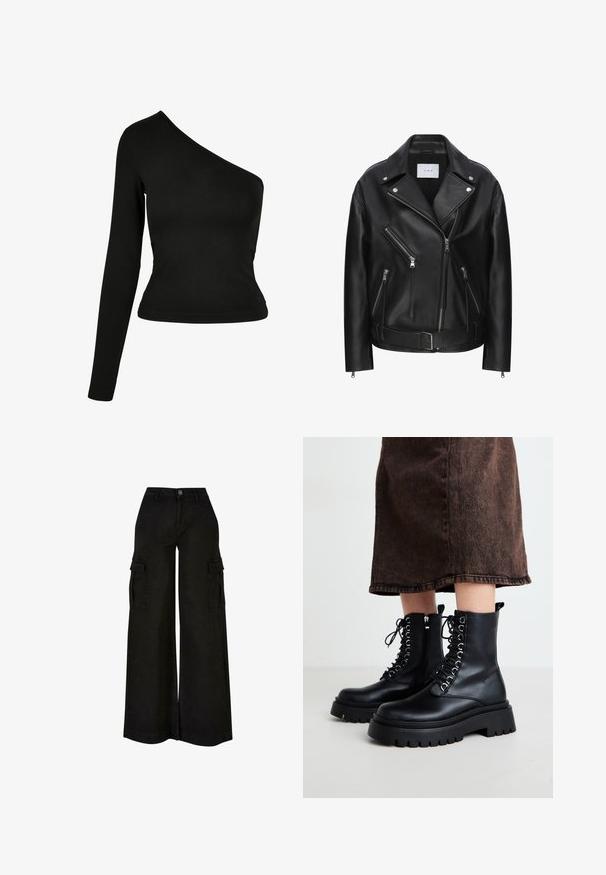 Sort læder bikerjakke med asymmetrisk lynlåsdesign, flere lynlåslommer, sølvhardware og belted talje. Glat tekstur.; Sort langærmet top med en asymmetrisk halsudskæring. Fremstillet af glat stof, tætsiddende design og en buet kant. Uden mønstre eller dekorationer.; Sort vidbens cargo bukser med høj talje, frontknap, lynlås, bæltestropper og klaplommer på begge lår.; Sorte læder ankelstøvler med en kraftig sål, snørelukning foran og side-lynlås. Har sølvøjer og en glat overflade.