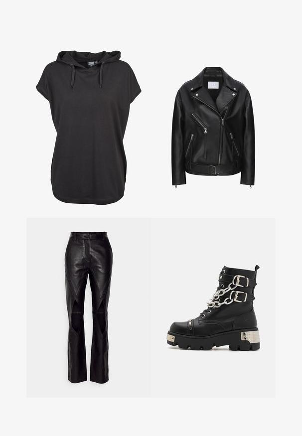 Schwarze Leder-Bikerjacke mit asymmetrischem Reißverschlussdesign, mehreren Reißverschlusstaschen, silberner Hardware und einem Gurtbund. Glatte Textur.; Schwarzes Kapuzenshirt mit kurzen Ärmeln, aus weichem Stoff gefertigt. Verfügt über verstellbare Kordeln und eine lockere Passform. Einfaches Design, ohne Muster.; Schwarze Lederhosen mit einer körpernahen Passform, die diagonale Nähte und Ausschnitte an den Seiten aufweisen. Gerade Beine mit einem Knopfverschluss an der Taille.; Koi Footwear SHACKLED SHADOWS HEAVY DUTY CHAIN - Cowboy-/Bikerstiefelette - black
