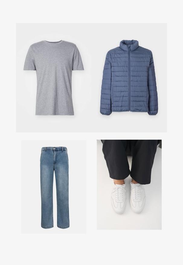 Chaqueta acolchada en azul oscuro, con un patrón de acolchado horizontal, cuello alto y cierre de cremallera. Fabricada en tejido ligero con puños elásticos.; Camiseta gris de manga corta hecha de una mezcla de algodón, con un clásico cuello redondo y una textura lisa y suave.; Vaqueros vaqueros azules de pierna recta con botón frontal, cierre de cremallera y trabillas para cinturón sobre un fondo neutro.; Zapatillas de cuero blanco con una textura lisa, punta redonda y sistema de cierre clásico, posicionadas sobre pantalones oscuros de corte holgado.