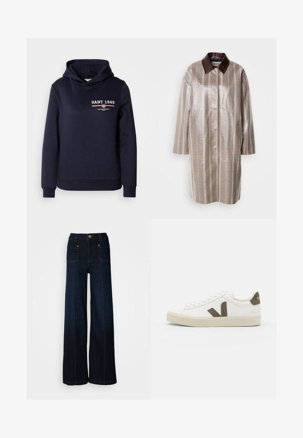 Scotch & Soda COATED RAINCOAT - Klassikaline mantel - taupe; Tumedast sinine kapuutsiga sügisjakk, mis on valmistatud pehmest kangast. Ees on valge "GANT 1949" tekst ja triibuline graafik punase ja valge värviga.; Laia lõikega tumesinised teksapüksid. Omavad ees taskuid, kuldse värviga riistvara ja kontrastset õmblust. Sile tekstuur ja lõdva kujundusega.; Valge nahast tennis, millel on tekstuuriga beež kummitald, esiküljel on silmapaistev pruun "V" logo ning sobivad sametised detailid.