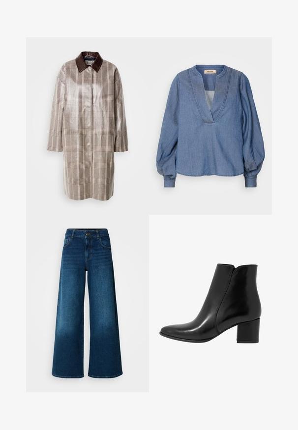 Scotch & Soda COATED RAINCOAT - Klasický kabát - taupe; Svetlo modrá denimová blúzka s hlbokým výstrihom do V, balónovými rukávmi a uvoľneným strihom. Obsahuje štruktúrované stehy pozdĺž výstrihu a manžiet.; Široké nohavice vyrobené z tmavo modrého džinsu. Majú vysoký pás, zapínanie na gombík a klasický dizajn s piatimi vreckami s jemným vyblednutím.; Anna Field by Zalando LEATHER - Klasické členkové čižmy - black