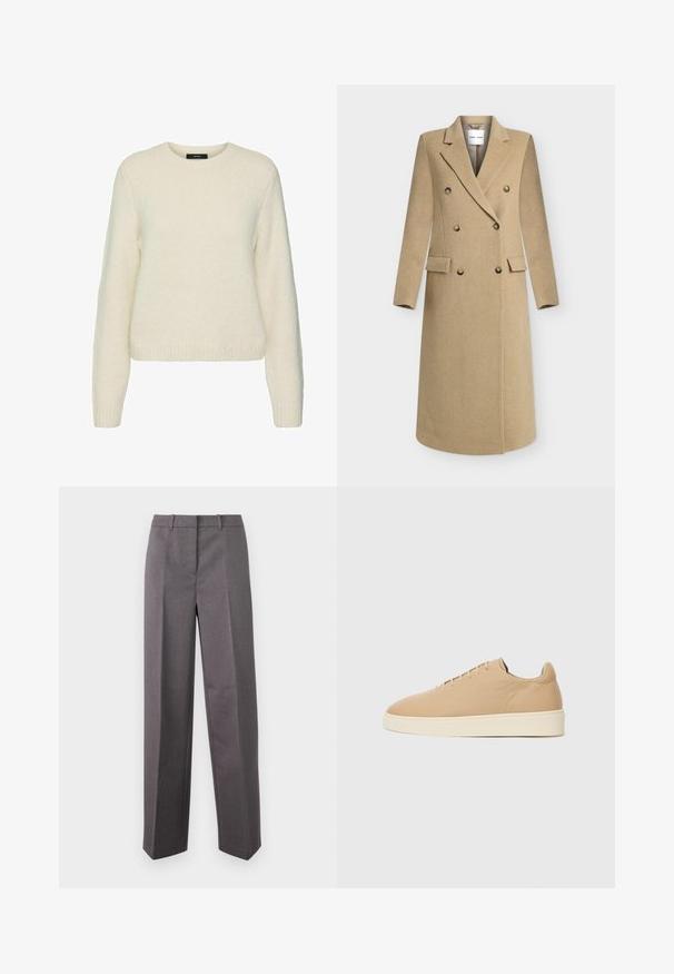 Manteau long en laine beige à double boutonnage avec six boutons, larges revers, poches à rabat et manches longues.; Pull en laine blanc tricoté avec un col rond, des manches longues et des poignets et un ourlet côtelés. Texture douce et coupe décontractée.; Pantalon tailleur gris en tissu texturé, avec une coupe droite, un devant plat et des passants de ceinture.; Baskets beiges avec une texture lisse, bout arrondi et design minimaliste. Dotées d'une semelle couleur crème et de six œillets pour les lacets.