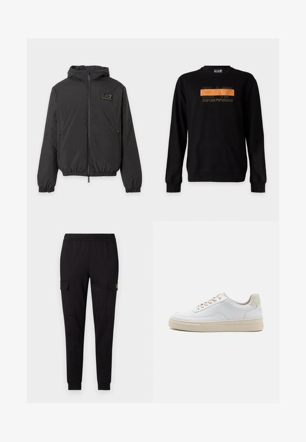 Veste noire à capuche avec fermeture éclair devant, poignets et ourlet élastiques, poches latérales zippées et logo EA7 Emporio Armani sur la poitrine.; Sweat-shirt noir à manches longues avec logo EA7 Emporio Armani orange et doré sur la poitrine et col rond.; Pantalons de jogging noirs en tissu doux, présentant une coupe fuselée et deux poches cargo latérales avec un logo discret sur une poche.; Sneaker blanche avec un dessus en cuir lisse, des lacets beige et un onglet de talon en daim beige texturé. Semelle surélevée pour une hauteur supplémentaire.
