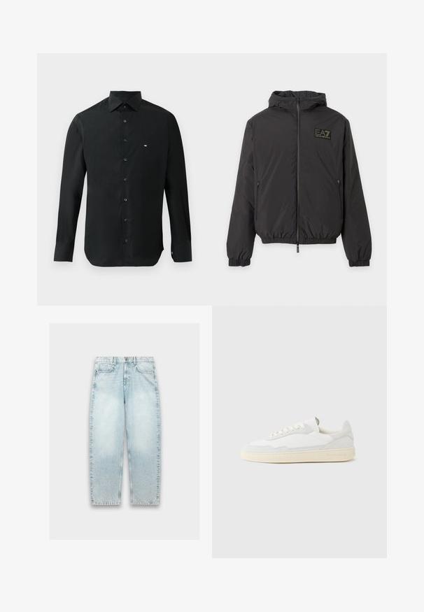 Must kapuutsiga jakk ees tõmblukuga, elastsete varrukas- ja alumise servaga, küljetaskutega tõmblukuga ja EA7 Emporio Armani logoga rinnal.; Must musta varrukatega särk, mis on valmistatud siledast kangast, millel on terav krae, nööbipluus ja väike valge logo vasakul rinnal.; Hallusin sinised teksad, millel on lahtine lõige, sirged jalad, kulunud tekstuur, viie tasku disain ja metallne nööp sulgemiseks vöökoha juures.; Valge tennisejalanõu, mille ülemine osa on valmistatud tekstuurse seemisnahast ja nahast. Omab ümarat ninaosa, paeltega sulgurit ja kontrastset beeži kummist tallaga.