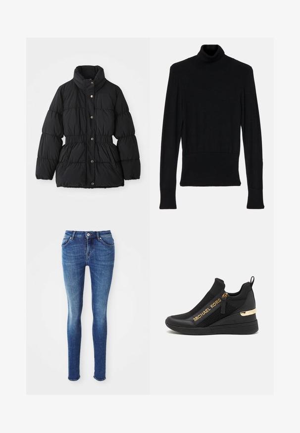 Zwarte gewatteerde winterjas met hoge kraag, elastische taille, drukknopen en zijzakken.; AERON TENDER LONG SLEEVED - Trui - black; Blauwe denim skinny jeans met een zachte textuur, een middelhoge taille, vijf zakken en lichte vervaging op de bovenbenen. Voorzien van een metalen knoop en een ritssluiting.; Zwarte sportieve sneaker met meshpanelen, gouden logodetails, slip-on ontwerp en een wiggenhak voor extra hoogte. Rubberen zool.