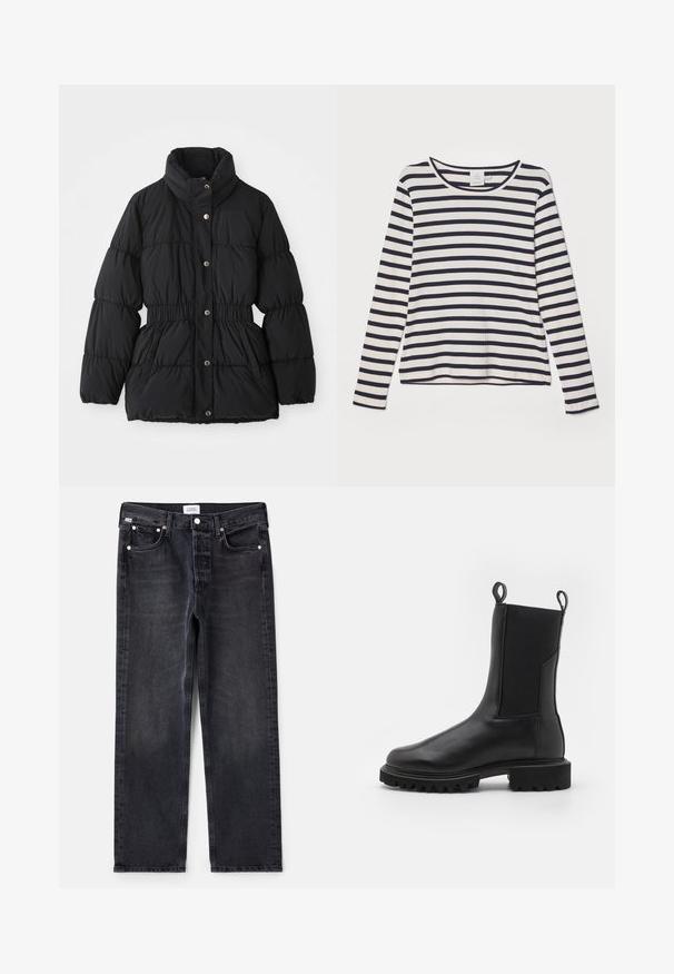 Veste d'hiver noire rembourrée avec col haut, taille élastique, fermeture par boutons-pression et poches latérales.; Chemise à manches longues en crème avec des rayures horizontales marines, dotée d'un col rond, d'une texture côtelée et d'une coupe décontractée.; Jean en denim noir avec une coupe droite, cinq poches, quincaillerie en argent et une texture légèrement décolorée. Design classique avec un minimum de détails.; AllSaints HALLIE - Bottines à plateau - black