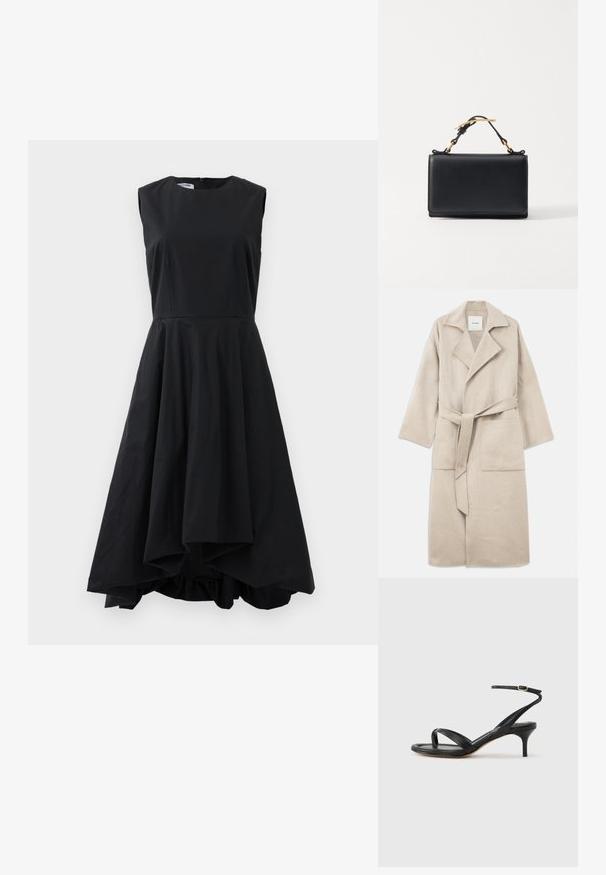 Abrigo de mezcla de lana beige con cuello de muesca, mangas largas, cinturón y dos bolsillos delanteros, con una textura suave y ajuste relajado.; Vestido midi negro sin mangas con corsé ajustado y dobladillo asimétrico y acampanado colgando sobre un fondo liso.; Sandalia negra de cuero para mujer con tiras finas, un lazo para el dedo del pie, hebilla en el tobillo y tacón de aguja de altura media sobre un fondo neutro.; Bolso de mano de cuero negro con forma rectangular, que cuenta con un asa superior y acentos en hardware dorado. Textura suave, diseño minimalista.