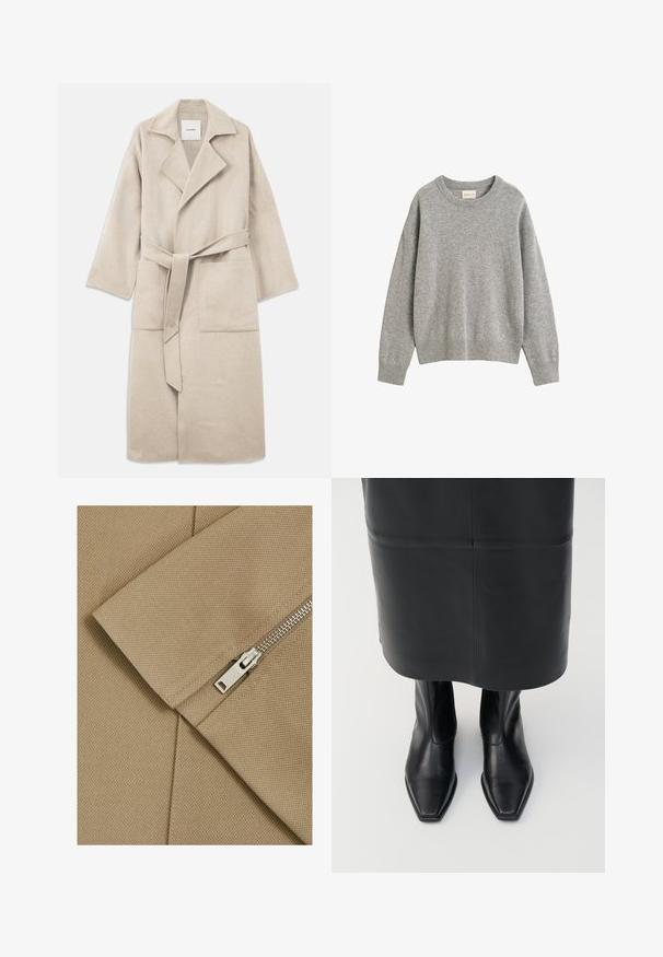 Beige wolmixjas met een opstaand kraag, lange mouwen, strikceintuur en twee voorkeurszakken, met een zachte textuur en een comfortabele pasvorm.; Lichtgrijze trui met lange mouwen en ronde hals, met geribbelde boorden en zoom, gemaakt van zachte gebreide stof met een klein merklabel binnen in de hals.; Beige stof met een textuur oppervlak en diagonale naad, met een zilveren rits met een rechthoekige trekker.; Zwarte leren hoge enkellaarsjes met een vierkante neus en een ritssluiting aan de zijkant. Glad textuur en minimale hardware; gecombineerd met een zwarte leren rok.