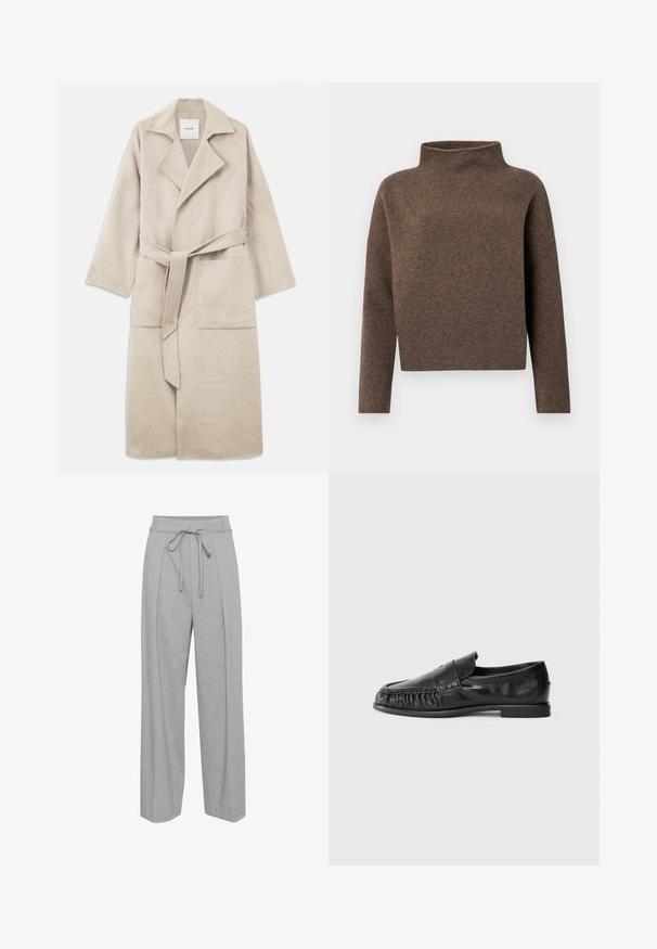 Beige wolmixjas met een opstaand kraag, lange mouwen, strikceintuur en twee voorkeurszakken, met een zachte textuur en een comfortabele pasvorm.; Bruin, cropped trui met een hoge, omgeslagen kraag, lange mouwen en een zachte, gestructureerde stof. Minimalistisch ontwerp zonder zichtbare hardware.; Grijze linnen broek met wijde pijpen en een hoge taille, voorzien van een trekkoord, plooien aan de voorkant en een zachte, textuurachtige afwerking.; Zwarte leren instappers met een ronde neus, voorzien van geplooide details aan de voorkant en een platte zool. Soepele textuur, minimalistisch ontwerp.