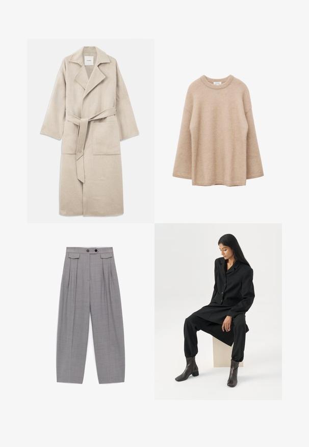 Manteau en mélange de laine beige avec un col cranté, des manches longues, une ceinture à nouer et deux poches avant, présentant une texture douce et une coupe décontractée.; Pull beige à manches longues avec col rond, texture douce et duveteuse, coupe décontractée, présenté sur un fond blanc.; Pantalon gris ample taille haute avec plis, deux boutons noirs sur la ceinture et des détails avec rabats près des hanches.; Femme aux longs cheveux foncés assise, portant un blazer noir ample, un pantalon large assorti et des bottines foncées, sur un fond blanc uni.