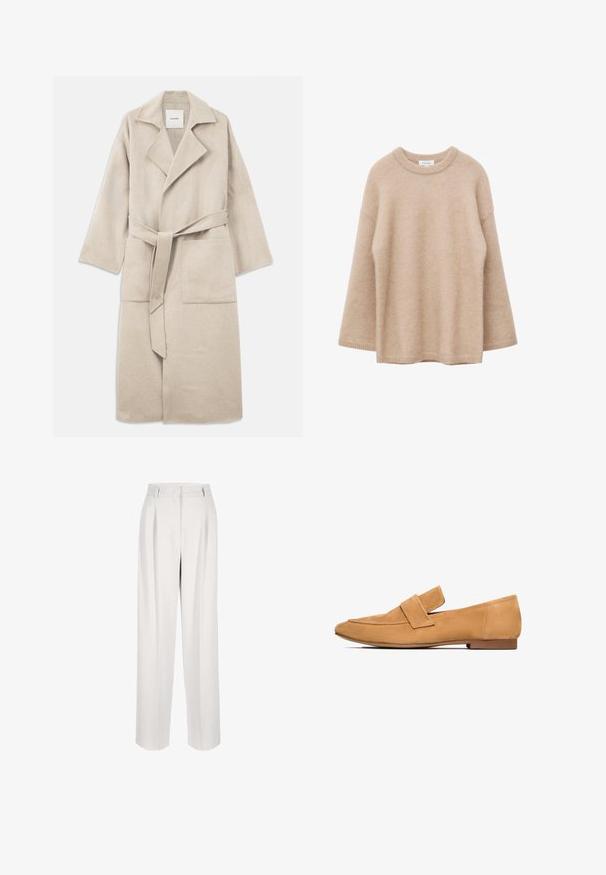 Beige Wollmischungs-Mantel mit Reverskragen, langen Ärmeln, Gürtelbindung und zwei vorderen Taschen, der eine weiche Textur und eine lockere Passform bietet.; Beiger Pullover mit langen Ärmeln, Rundhalsausschnitt, weicher, flauschiger Textur und lockerem Schnitt, vor weißem Hintergrund dargestellt.; Weiße hochgeschnittene plissierte Hose mit Gürtelschlaufen, geradem weitem Bein und Falten auf der Vorderseite.; Tan-farbene Wildleder-Loafers mit flachem Absatz, runder Zehenpartie und einem gesteppten Riemen über dem Spann für einen eleganten Abschluss.